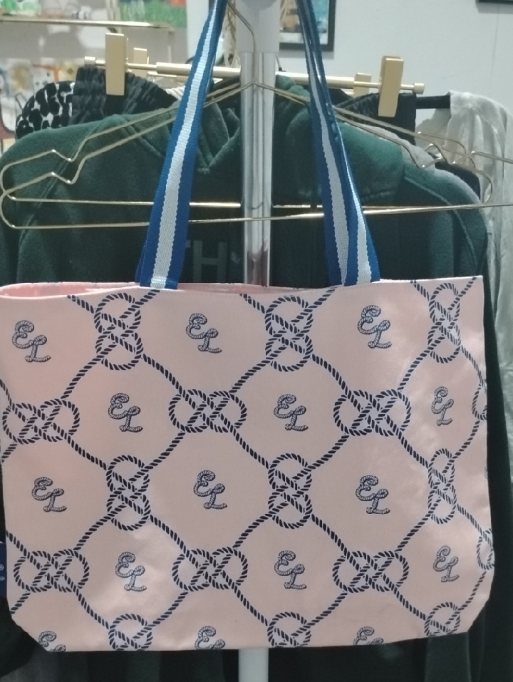 Estee Lauder Classic Rope-Print Pink Tote Bag with Blue Striped Handles